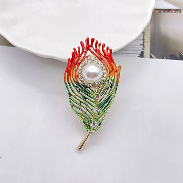 Pearl Brooch with Red Fiery Feathers Ladies